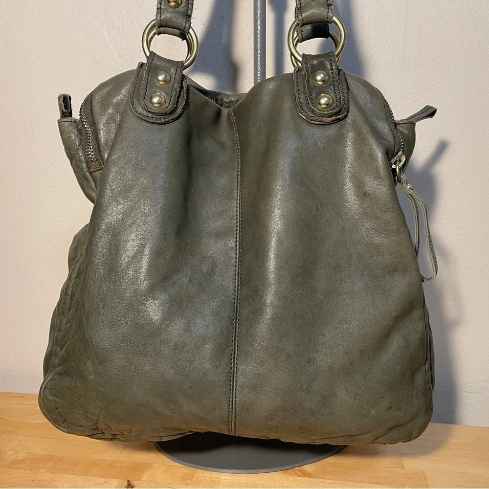 Linea Pelle Dylan Green Italian Leather Studded Tote Shoulder Bag Large
